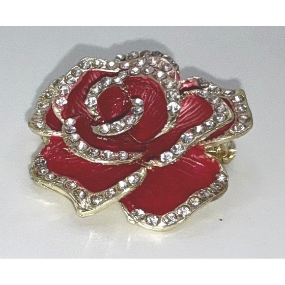 Red Rose Enamel Rhinestone Brooch Pin Gold-Tone 1.25" Floral Statement - Picture 2 of 4